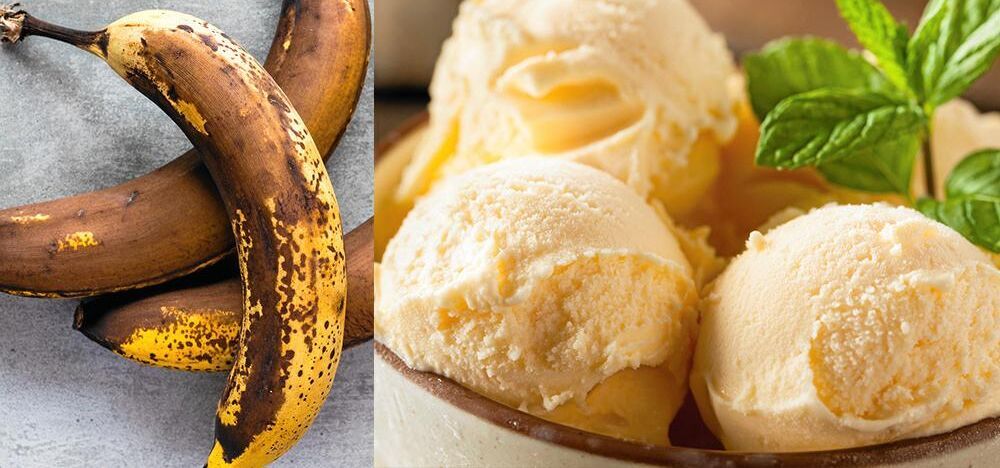 Splitbild på övermogna bananer och bananglass i skål.