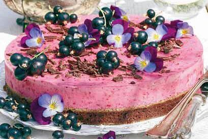 Svartvinbärscheesecake med chokladbotten. Dekorera gärna med vackra (och ätbara) blommor i säsong.