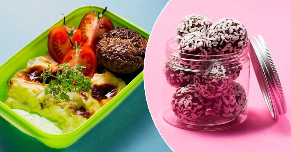 Matlåda med köttfärsbiff, potatismos, tomat och burk med chokladbollar i kokos