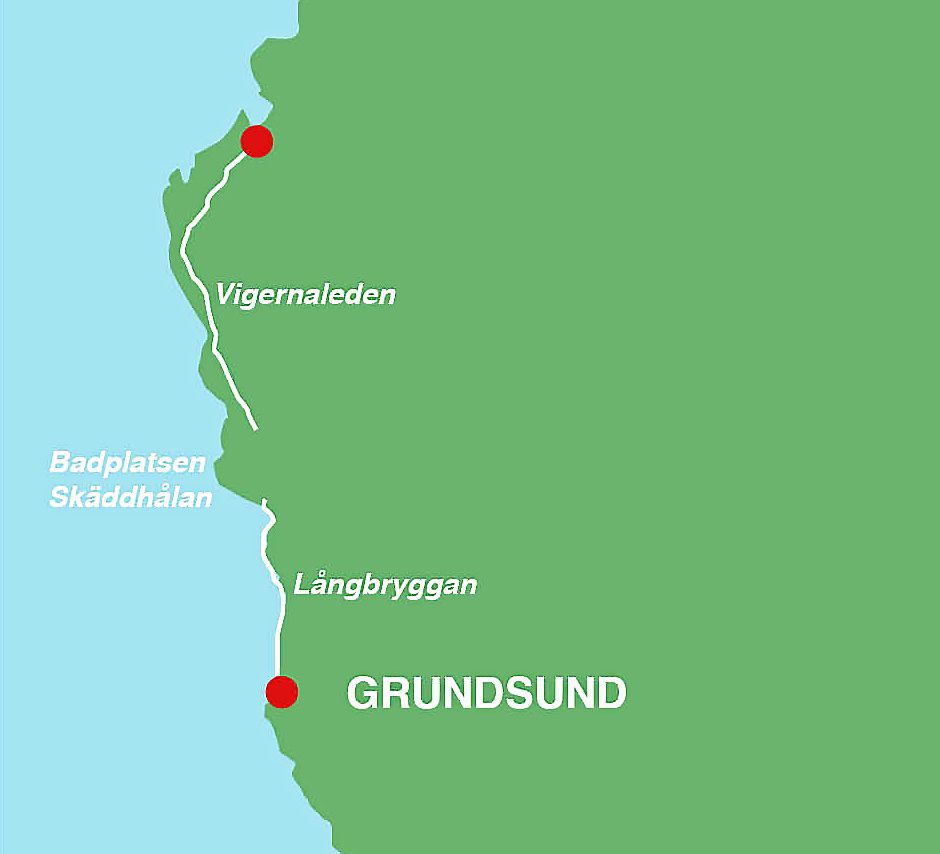Kartan visar Långbryggan ut till Skäddhålans badplats som var den första bryggleden som byggdes. Den följs av Vigernaleden som kunde byggas tack vare en stor donation från en privatperson.