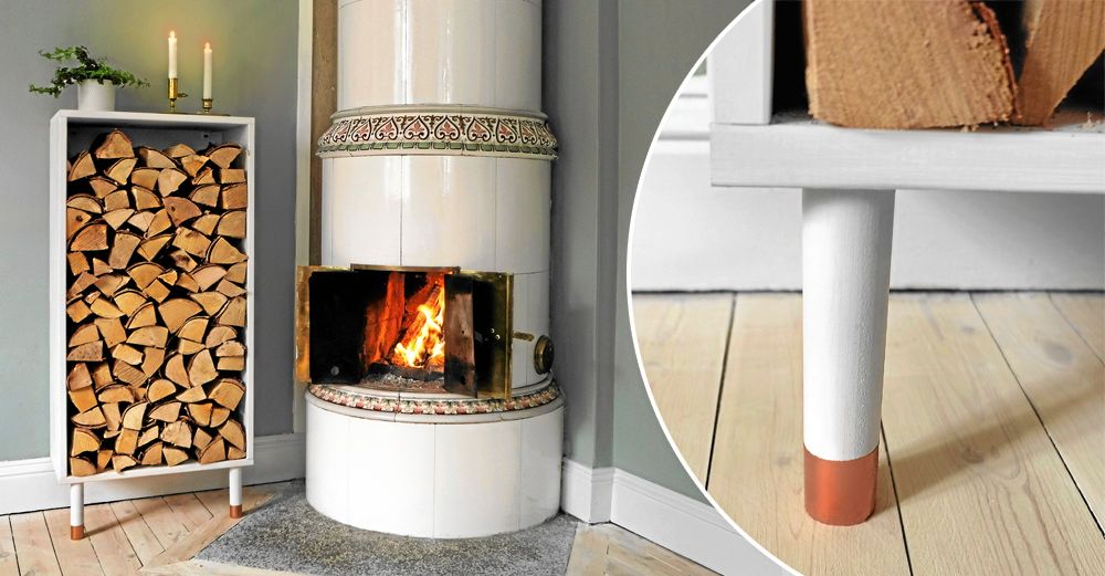 Vedförvaring på höjden blir både snyggt och praktiskt. Du gör den enkelt av limfogskiva och plywood.