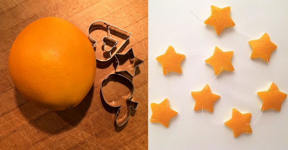Kollagebild på apelsin med pepparkaksformar och en girlang gjord med utstansade bitar apelsinskal.