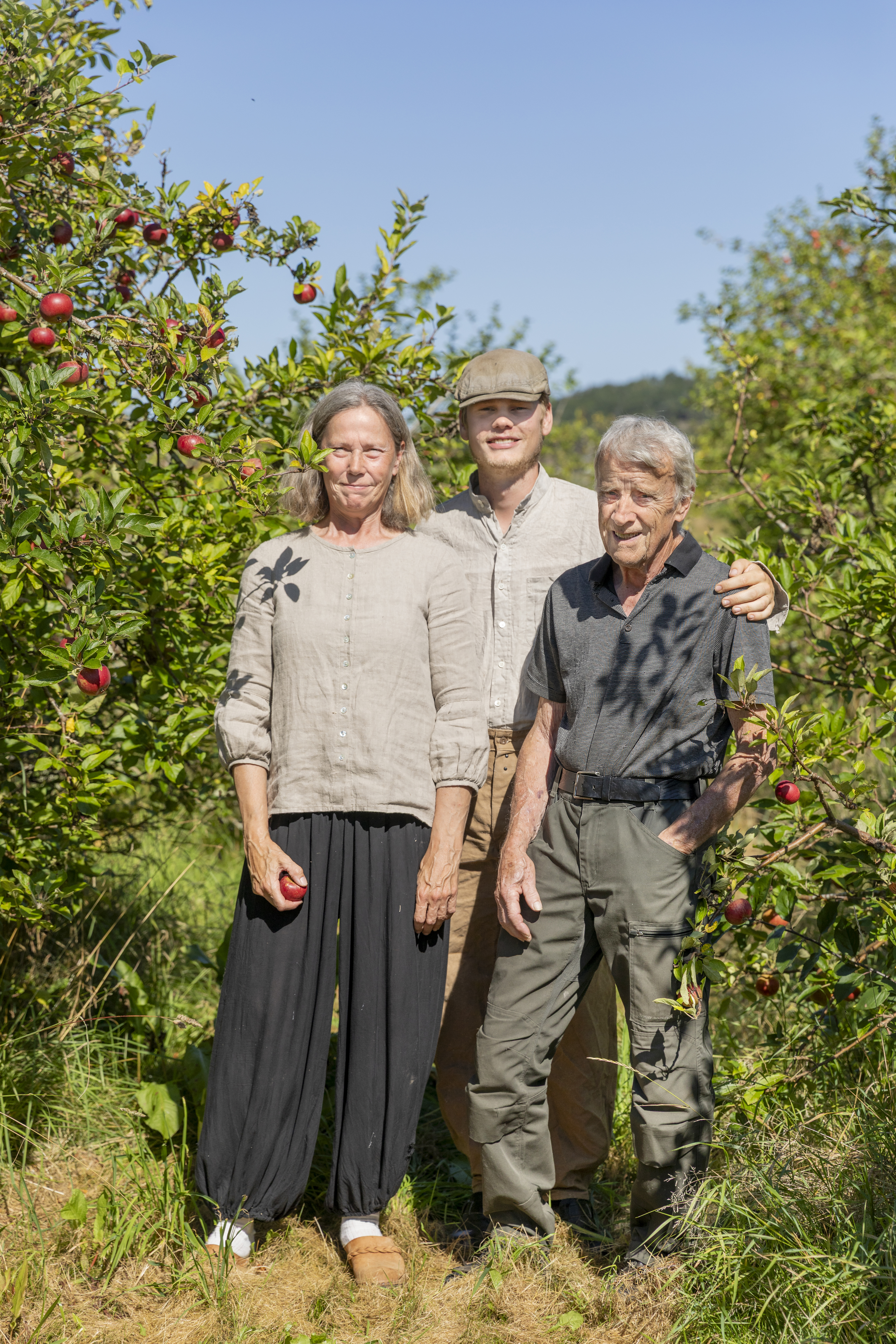 Mamma Helena, Gustav och pappa Tommy står tillsammans i en solig äppelodling med mogna äpplen på träden