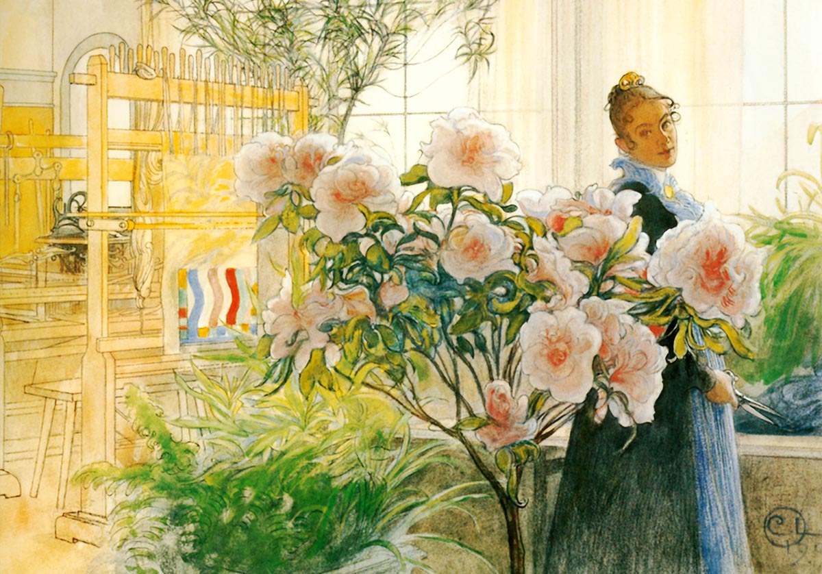 Karin pysslar med sina växter intill vävstolen. Carl Larsson fångar sin hustru mitt i steget.