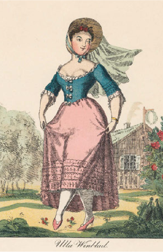 Illustration på Ulla Winblad alias Maria Kristina Kiellström i historisk klänning och hätta står i trädgård framför trähus