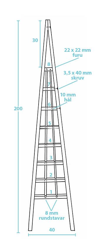 Ritning av pyramidformad trästege med mått, hål och rundstavar markerade