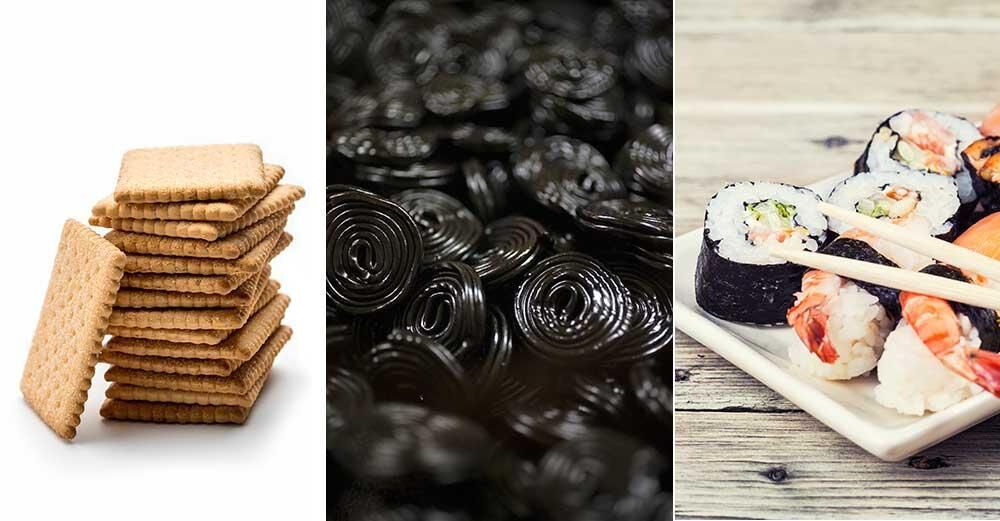 Kex, lakritssnören och sushi upplagda sida vid sida