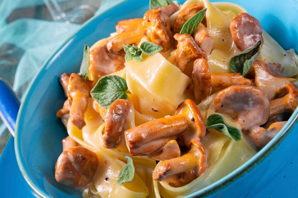 Pasta som mättar extra bra med en krämig sås och färska kantareller.