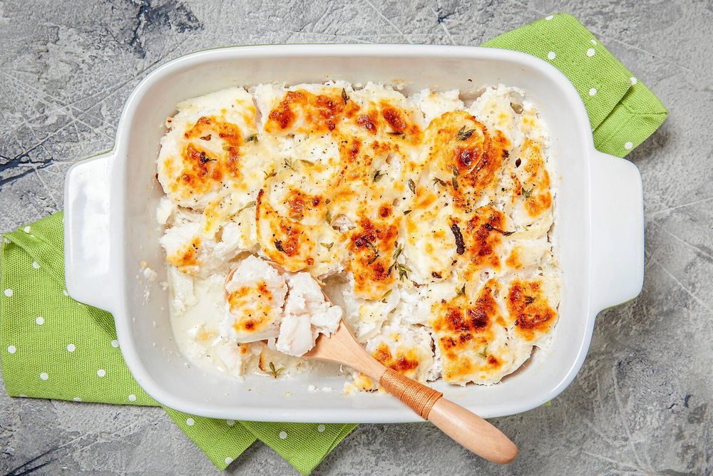Fiskgratäng i ugnsform.