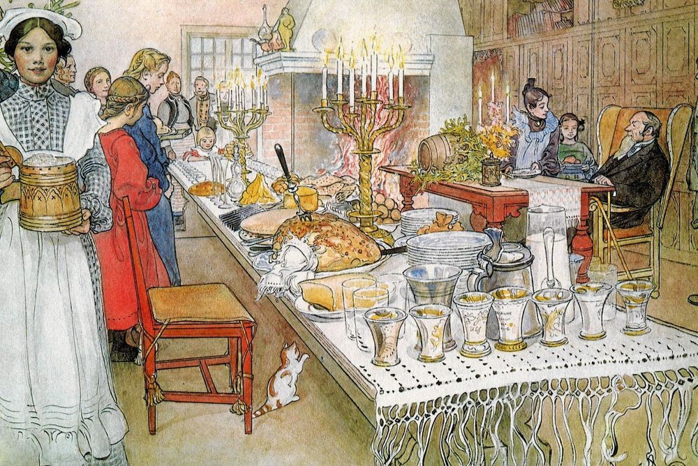 Ritad gammeldags bild på julmiddag förr i tiden.