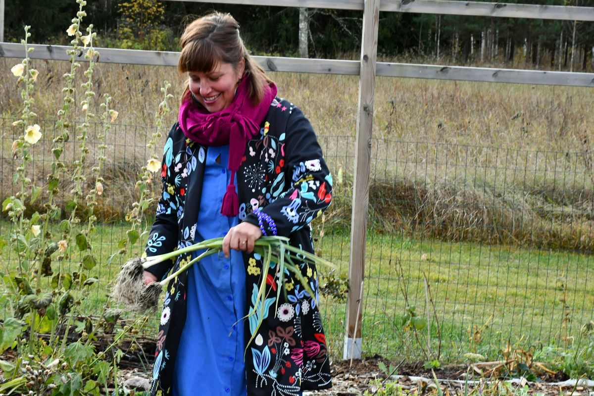 Leende Linda Ogebrink skördar purjolök i trädgårdsland på landet