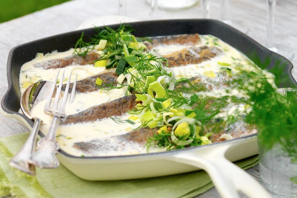 Panerad stekt strömming i krämig sås.