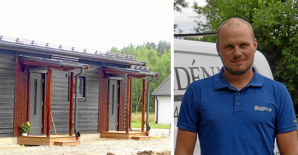 33-årige byggherren - och numera hyresvärden Christoffer Iden framför sina nybyggda hyreslägenheter i Gnarp.