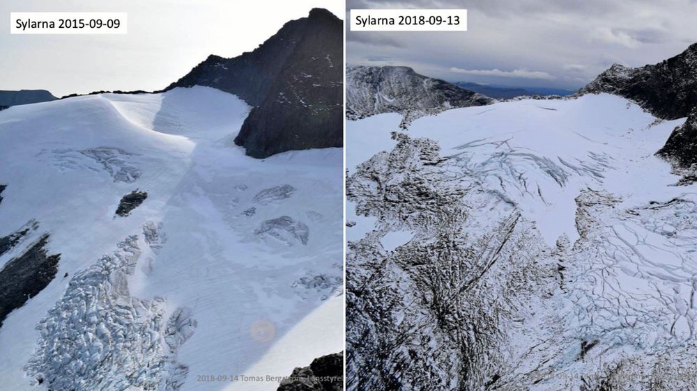 Den vänstra bilden från 2015 visar en hel Sylglaciär medan den högra, tagen i år, visar på stora sprickor.