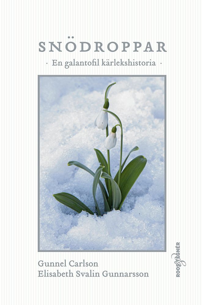 Vit bokframsida med närbild på snödroppar i snö och svensk titeltext