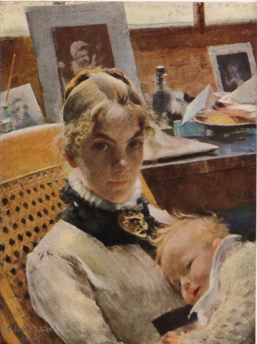 Nationalmuseets pastellmålning Ateljéidyll från 1885 är Carl Larssons ömsinta porträtt av hustrun Karin som sitter med med dottern Suzanne i famnen.