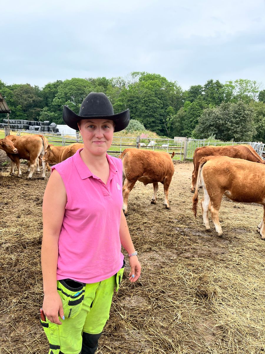 Kvinna i rosa tröja och cowboyhatt står på lerig kohage med nötkreatur