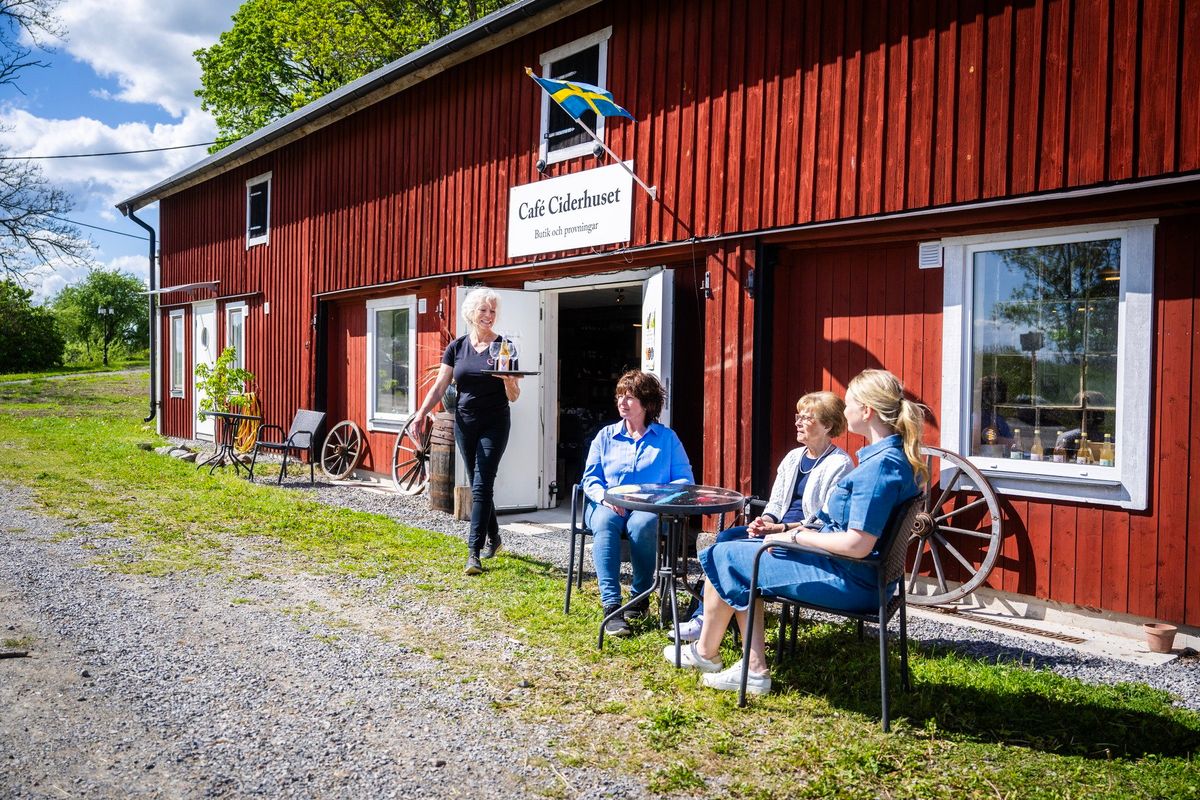 Rött lantcafé med svensk flagga där tre kvinnor fikar utomhus en solig dag
