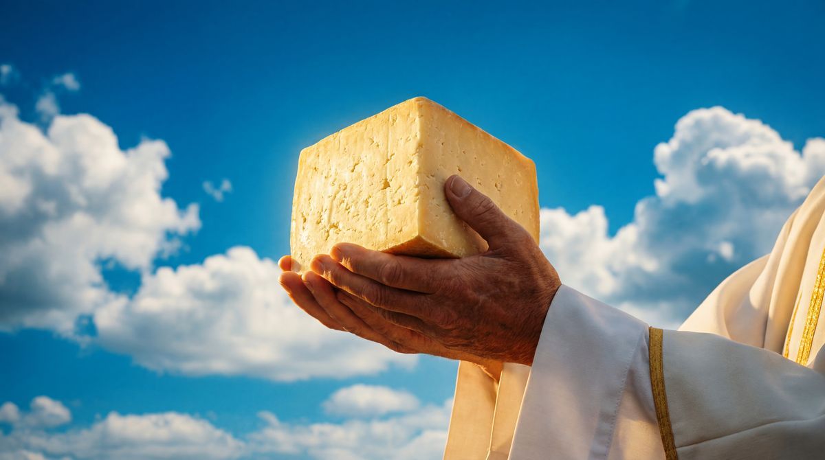 Händer i vit dräkt håller upp en stor bit prästost mot blå himmel med moln