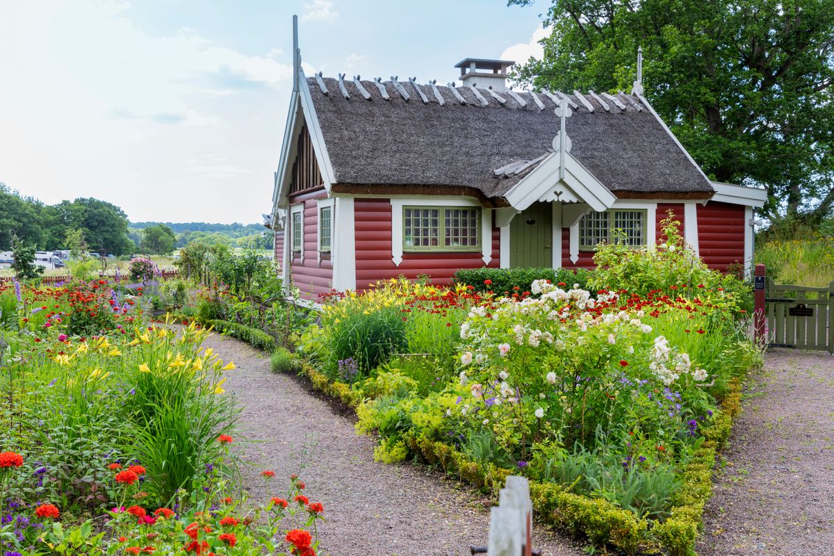 Rött torp med halmtak omgivet av frodig, färgstark blomsterträdgård på Tjolöholm slott.