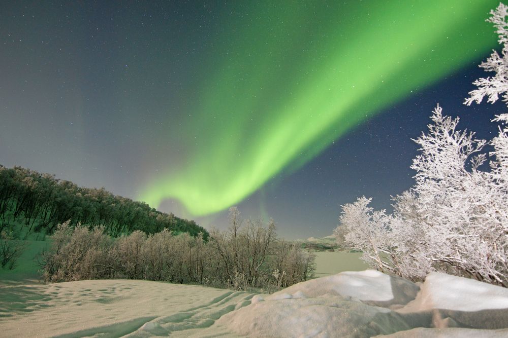 Norrsken i vinterlandskap.