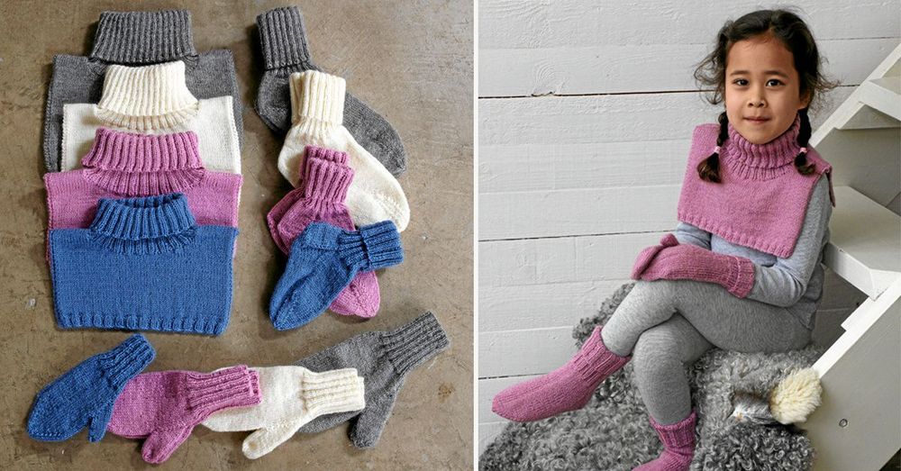 Kollagebild på kragar, vantar och sockor i olika färger, och en flicka som bär krage, vantar och sockor i rosa.