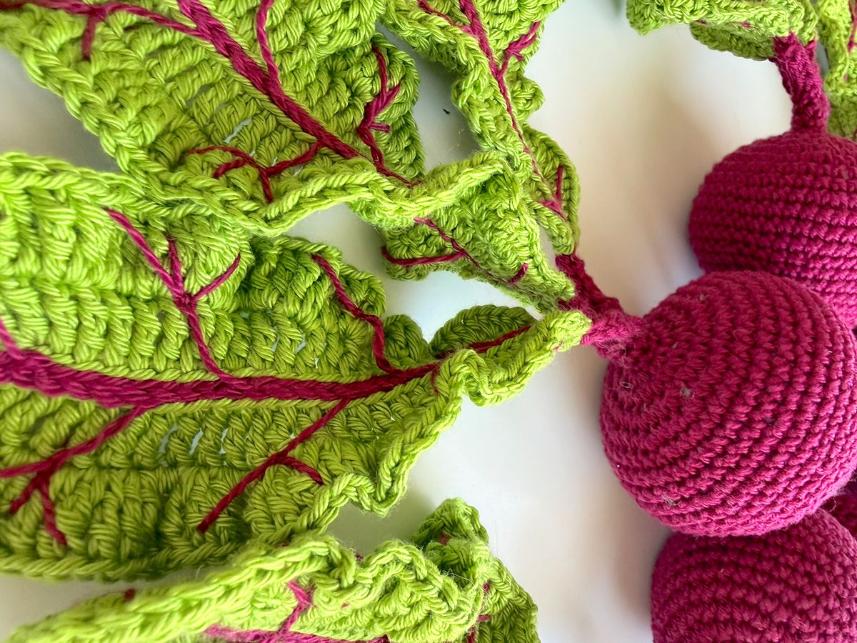 Virkade rödbetor med gröna blad och rosa nerver mot ljus bakgrund