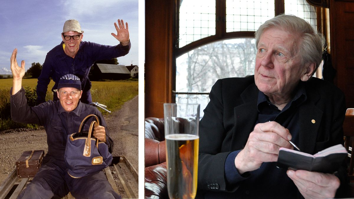Delad bild. Till vänster Roy och Roger från Macken, till höger Claes Eriksson som sitter och skriver i en anteckningsbok