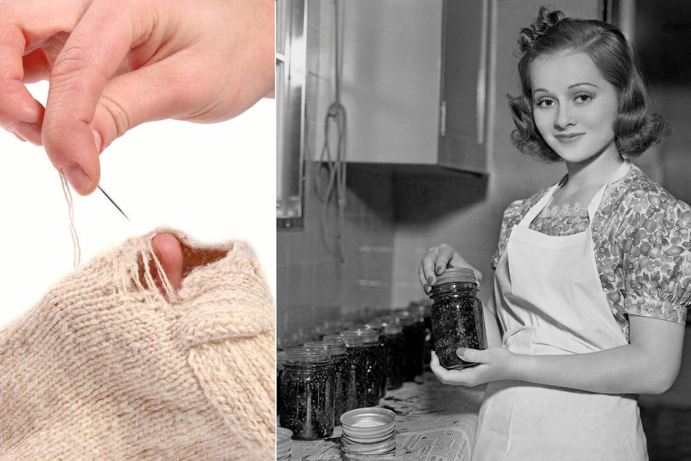 Splitbild på hand som stoppar strumpa och en svartvit retrobild på kvinna med burk i kök.