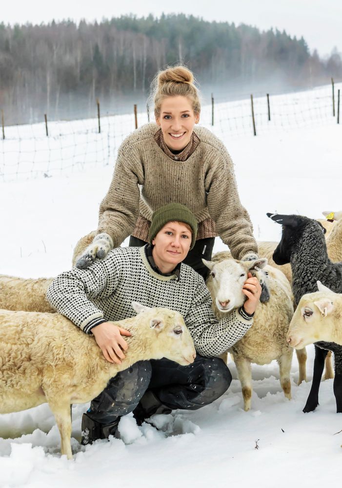 Josefine och Mirja med några av sina tre tackor och fem lamm på gården i Gummarksnoret, 1,5 mil från Skellefteå.