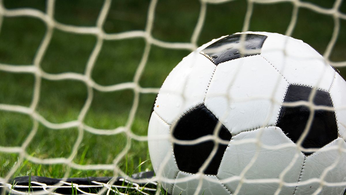 Blöt fotboll som ligger i ett mål med nät och grönt gräs i bakgrunden