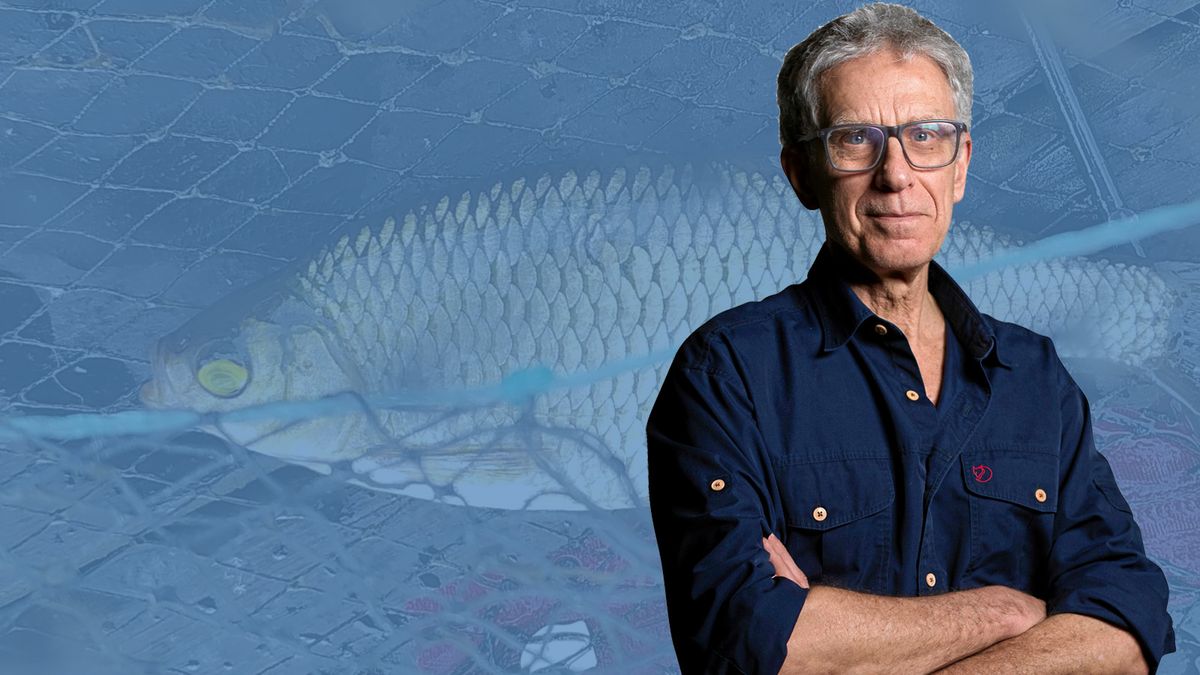 Håkan Steen med glasögon står framför en stor fisk fångad i ett nät