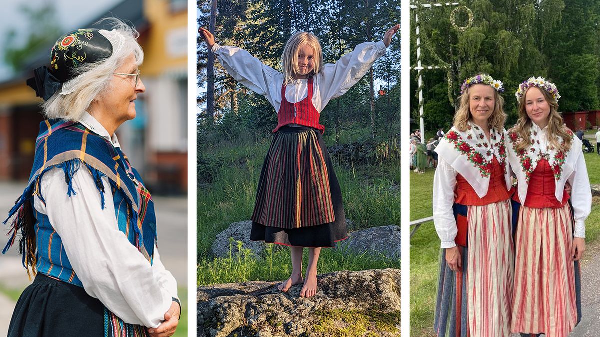 Tredelad bild med kvinna, flicka och två kvinnor i midsommarkransar och folkdräkter utomhus