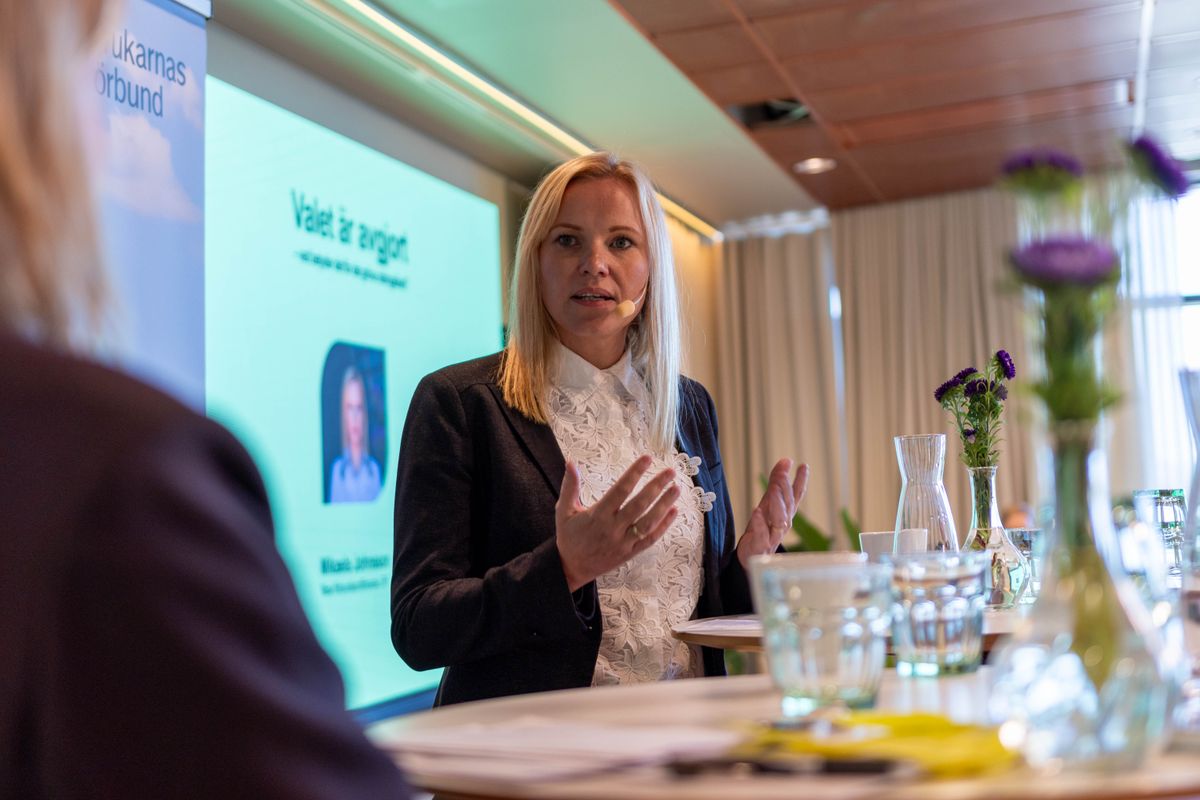 Talare i kostym presenterar framför projicerad bild under konferens
