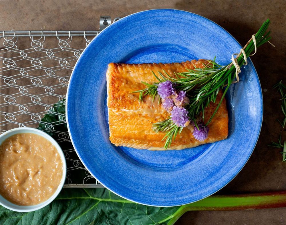 Grillad lax på tallrik och skål med rabarberglaze intill.