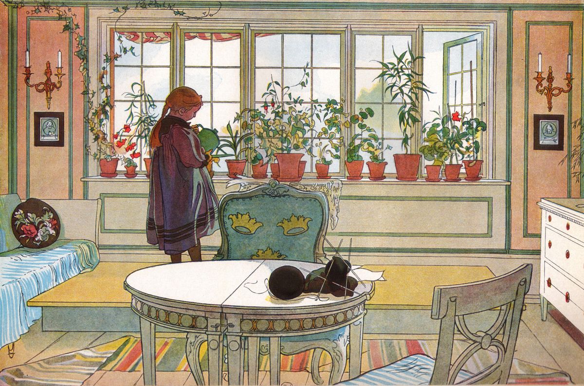 I Carl Larssons målning av vardagsrummet syns spår av Karins handarbete och intresse för blommor.