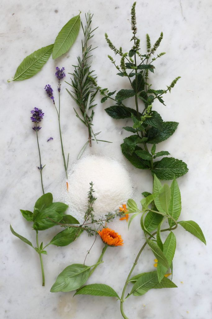 Örtsocker flankerat av blommor och örter.