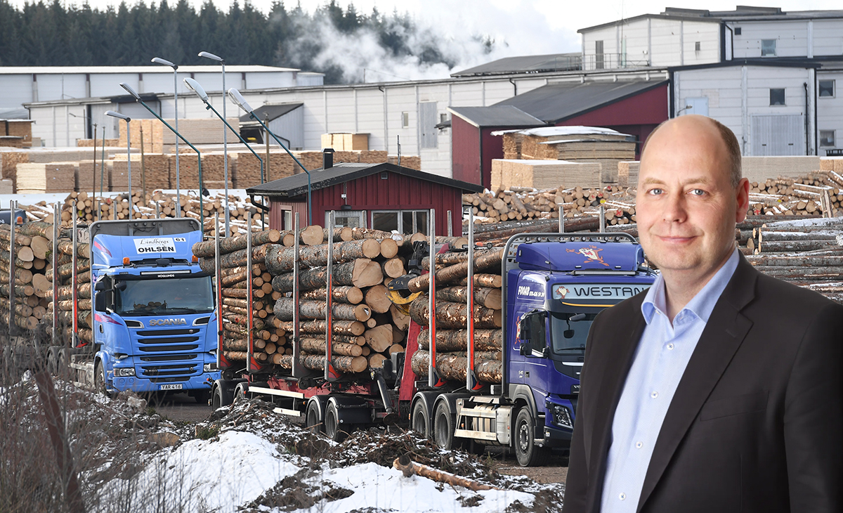 Skogsindustrilastbilar vid sågverk med porträtt av affärsman i förgrunden